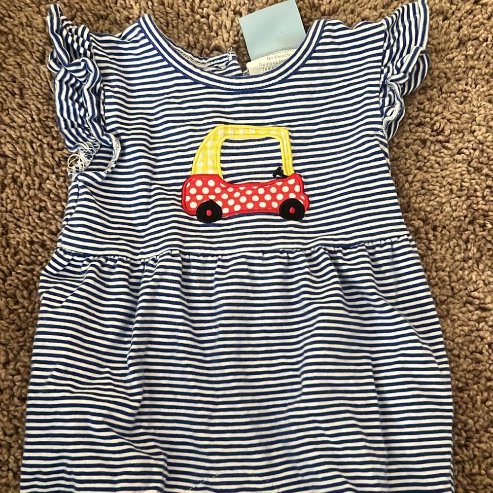 Striped Blue and White Kids One Piece with Car Design